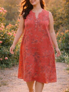 Marisa & Marie Coral Italian Linen Tropical Print Midi Dress Sleeveless A-Line
